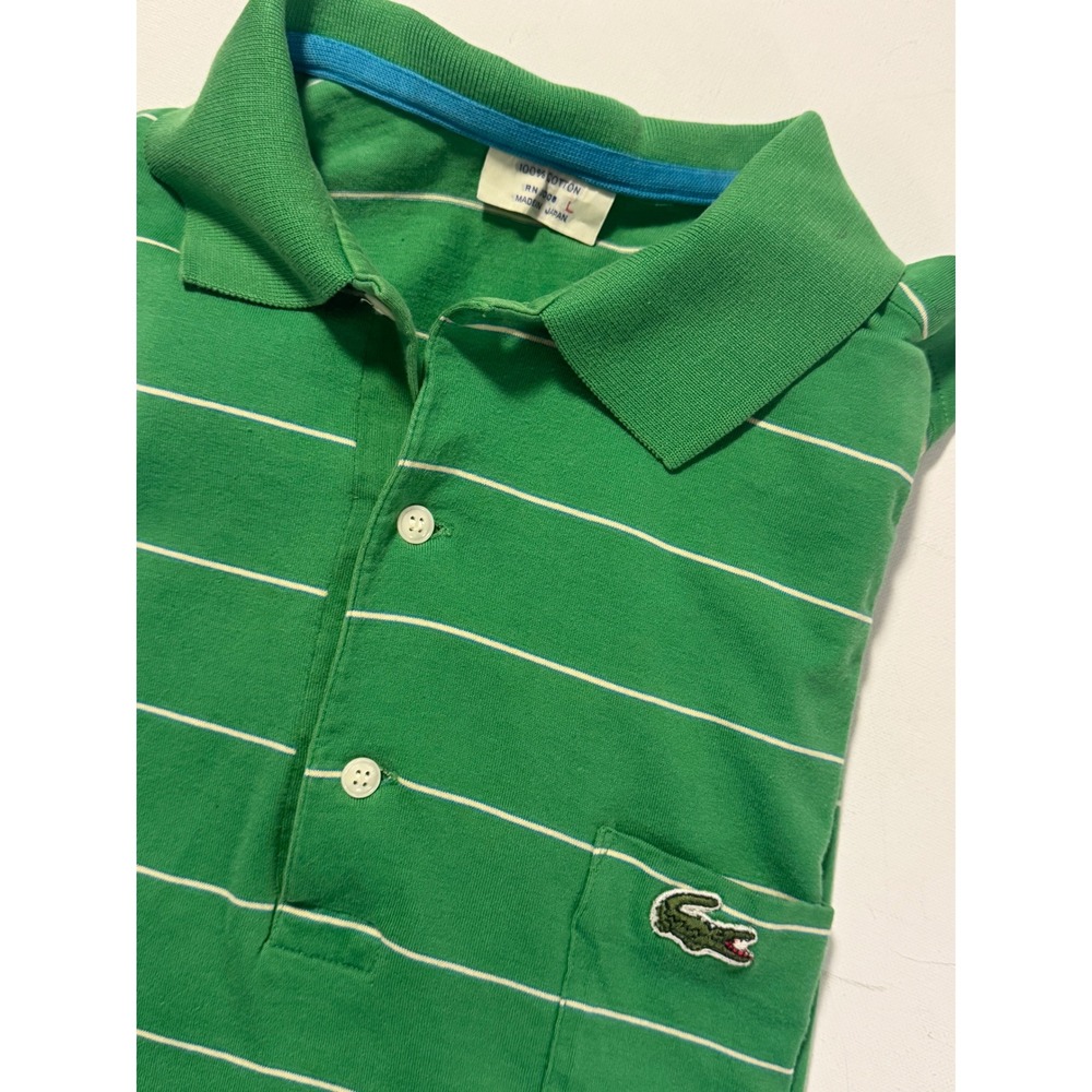 Vintage Lacoste Polo Shirt Green Striped Pocket Croc Logo Made in Japan Size L